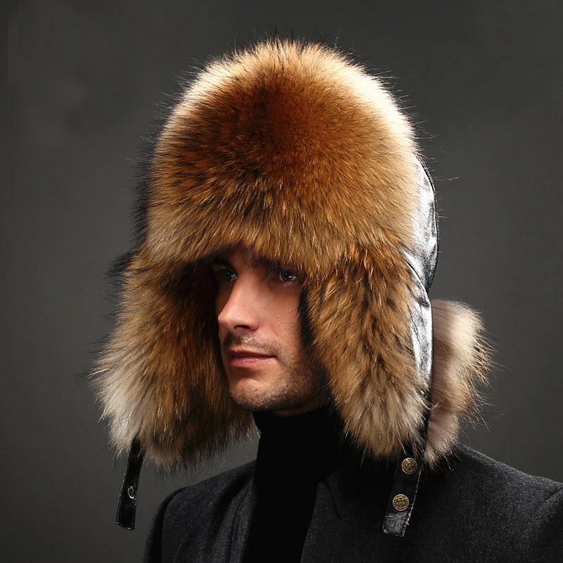 Premium Real Fox Fur Bomber Hat for Men – Winter Warmth, Sheepskin Leather, Adjustable Size