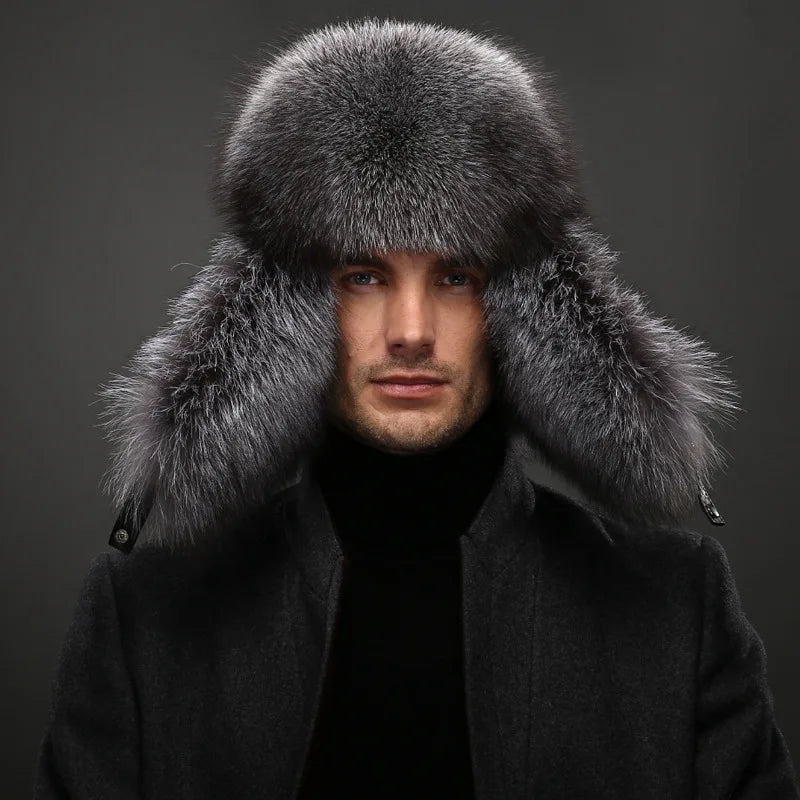 Premium Real Fox Fur Bomber Hat for Men – Winter Warmth, Sheepskin Leather, Adjustable Size