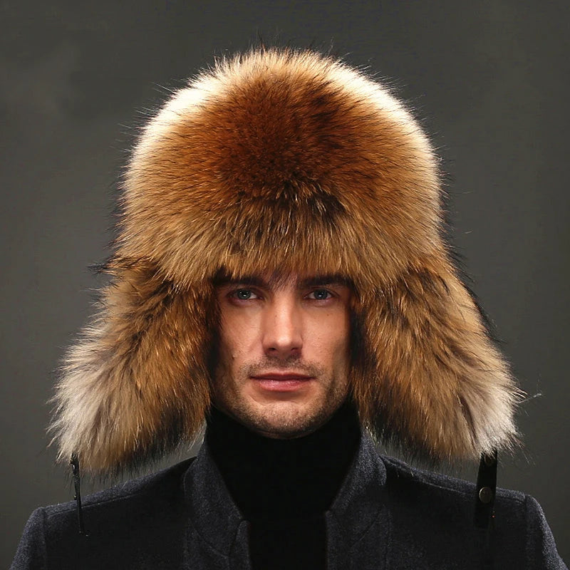 Premium Real Fox Fur Bomber Hat for Men – Winter Warmth, Sheepskin Leather, Adjustable Size