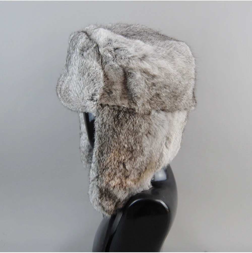 Men's Real Rabbit Fur Bomber Hat – Winter Warmth, Outdoor Essential, Adjustable Size