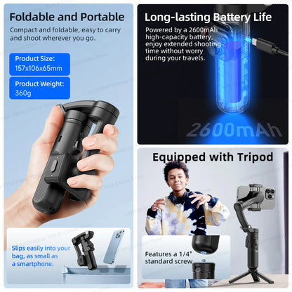 3-Axis Handheld Smartphone Gimbal Stabilizer – Anti-Shake Video Recording, Face Tracking, Tripod, and Gesture Control