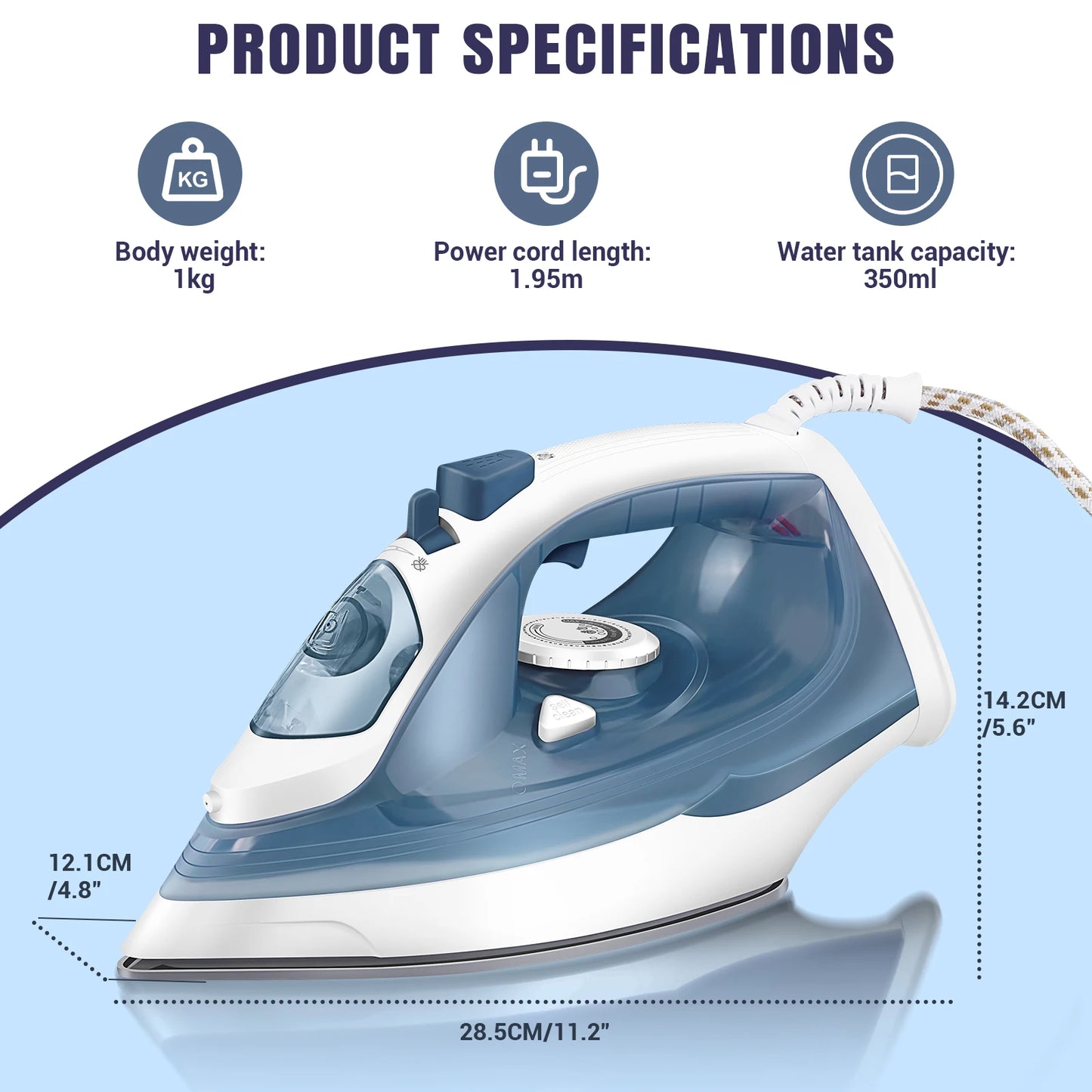 2400W Steam Iron with Adjustable Temperature, Non-Stick Soleplate, 350ml Water Tank, and Spray Function