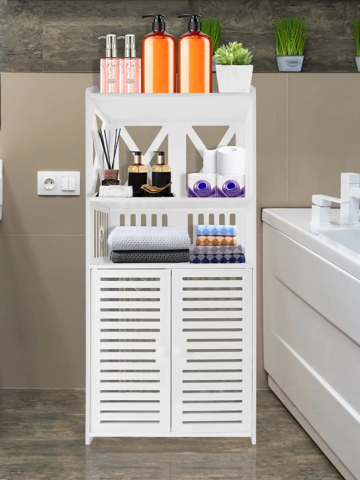 4-Tier Bathroom Storage Cabinet – Waterproof PVC Slim Organizer with Double Doors