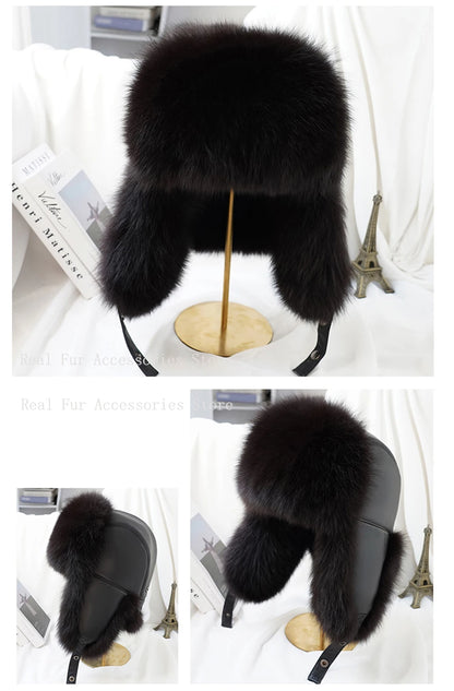 Premium Real Fox Fur Bomber Hat for Men – Winter Warmth, Sheepskin Leather, Adjustable Size