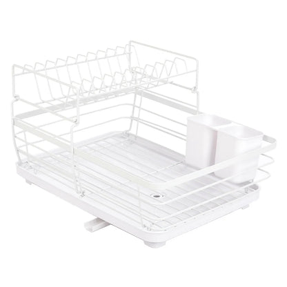 2-Tier Metal Dish Drying Rack with Drainage System – White