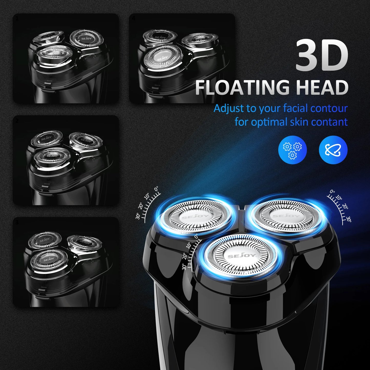 3D Rotary Electric Shaver for Men, Wet and Dry Shaving, USB Rechargeable, IPX7 Waterproof with Trimmer