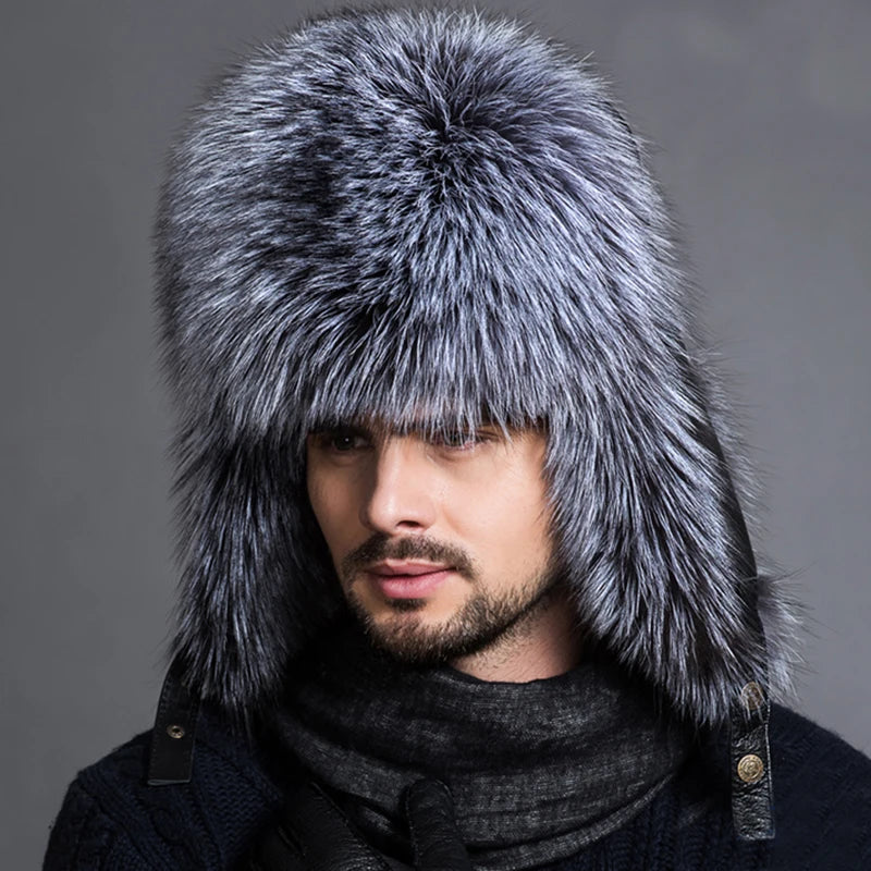 Premium Real Fox Fur Bomber Hat for Men – Winter Warmth, Sheepskin Leather, Adjustable Size