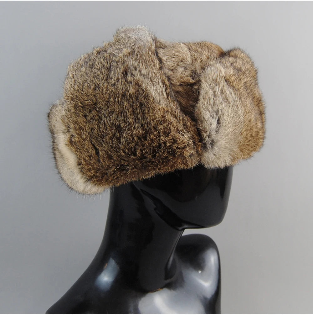 Men's Real Rabbit Fur Bomber Hat – Winter Warmth, Outdoor Essential, Adjustable Size