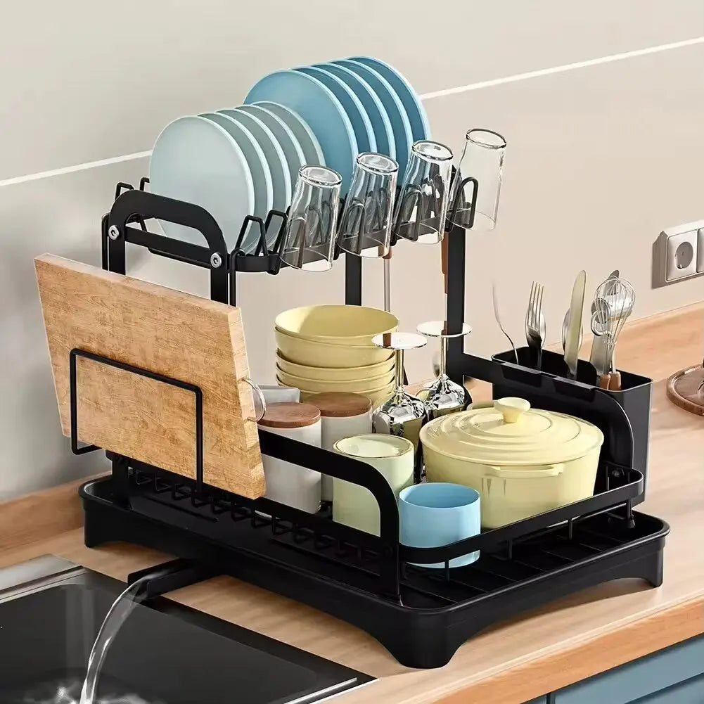 2-Tier Dish Drying Rack with Drainboard – Kitchen Countertop Dish Drainer Organizer