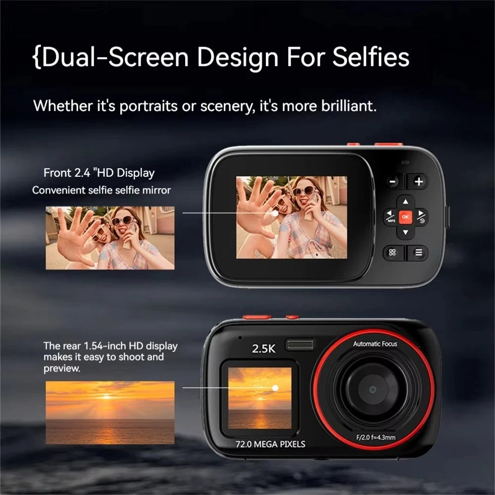 72MP HD Digital Camera with 16X Zoom, Dual Screens, 2.5K Video, Waterproof, Portable for Travel and Home Use