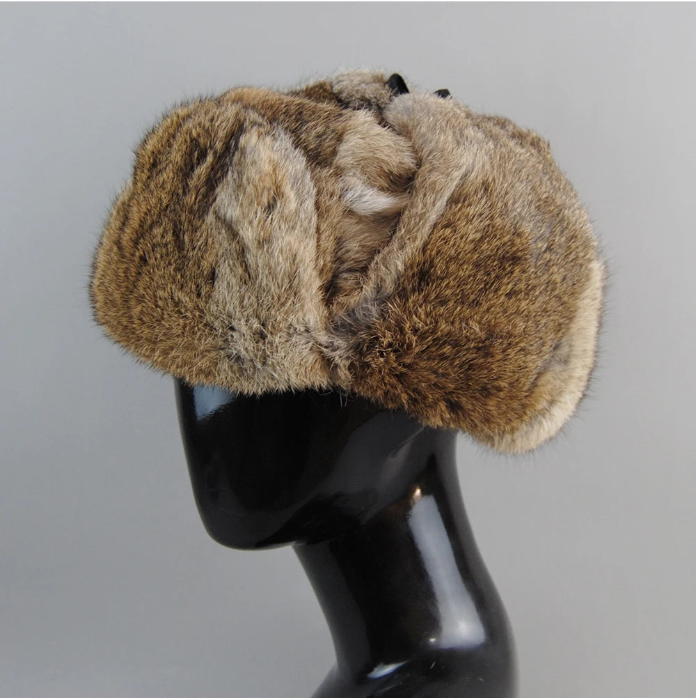 Men's Real Rabbit Fur Bomber Hat – Winter Warmth, Outdoor Essential, Adjustable Size