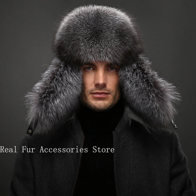 Premium Real Fox Fur Bomber Hat for Men – Winter Warmth, Sheepskin Leather, Adjustable Size