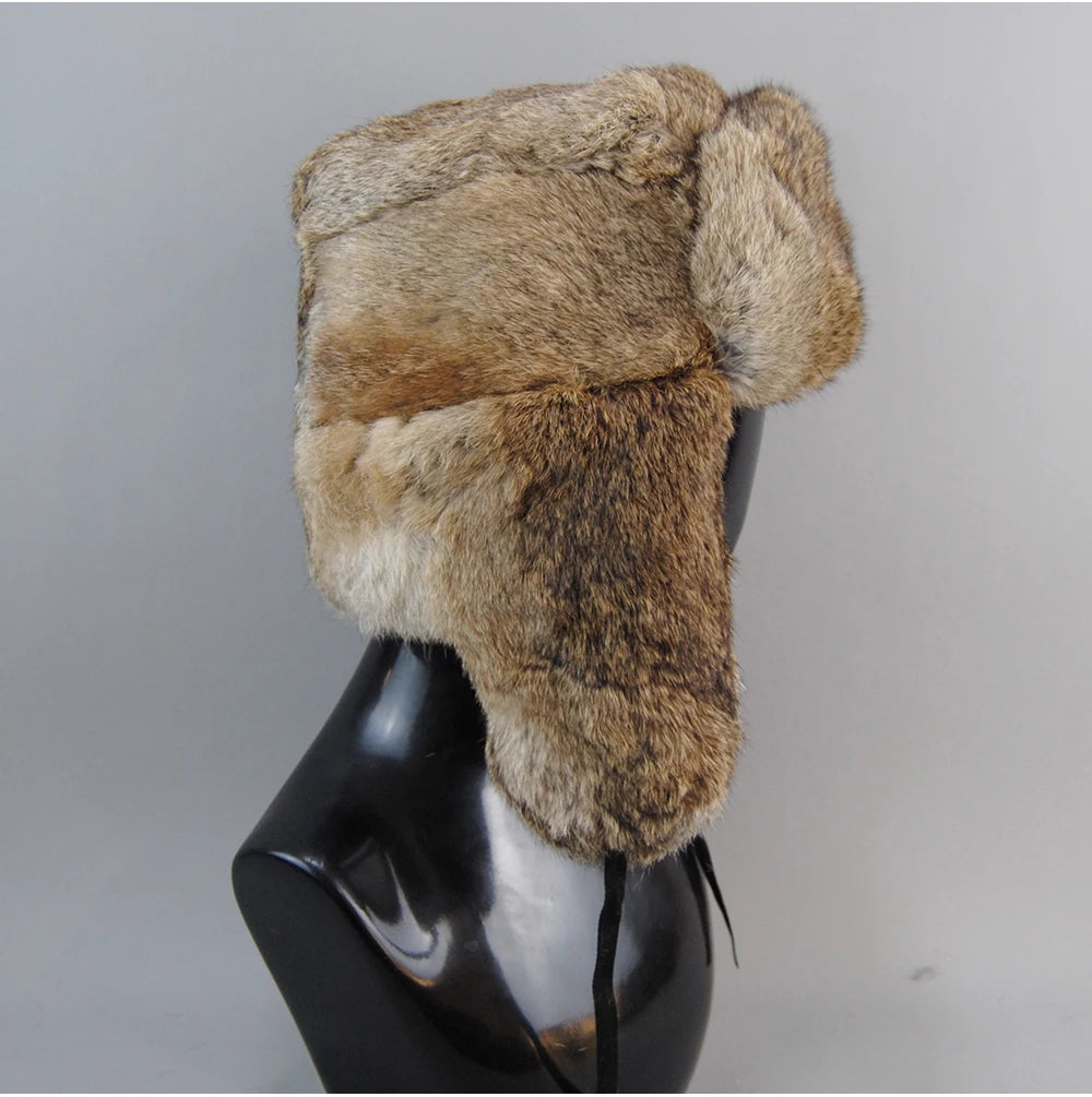 Men's Real Rabbit Fur Bomber Hat – Winter Warmth, Outdoor Essential, Adjustable Size