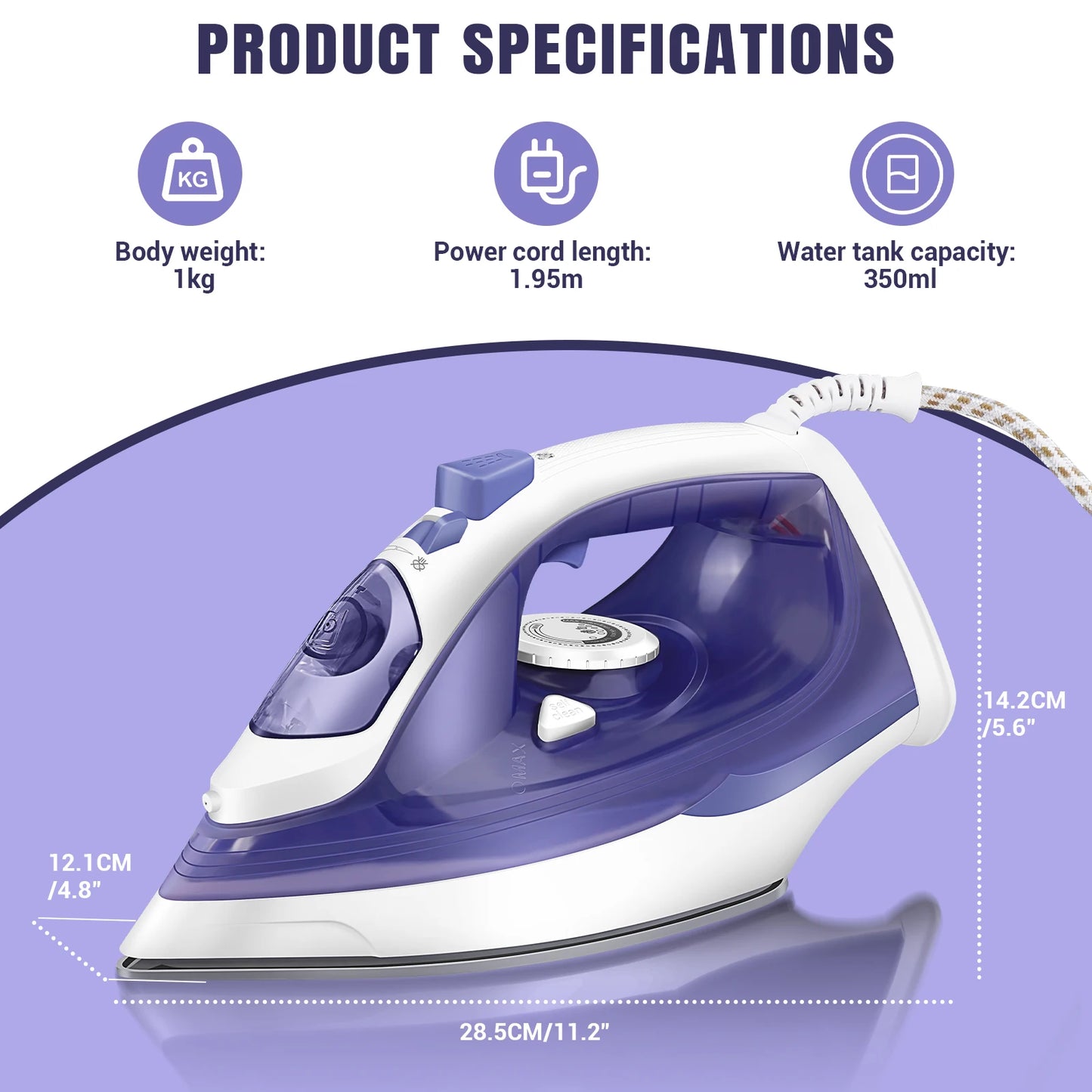 2400W Steam Iron with Adjustable Temperature, Non-Stick Soleplate, 350ml Water Tank, and Spray Function