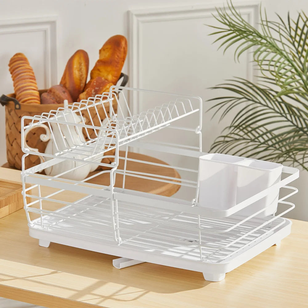 2-Tier Metal Dish Drying Rack with Drainage System – White