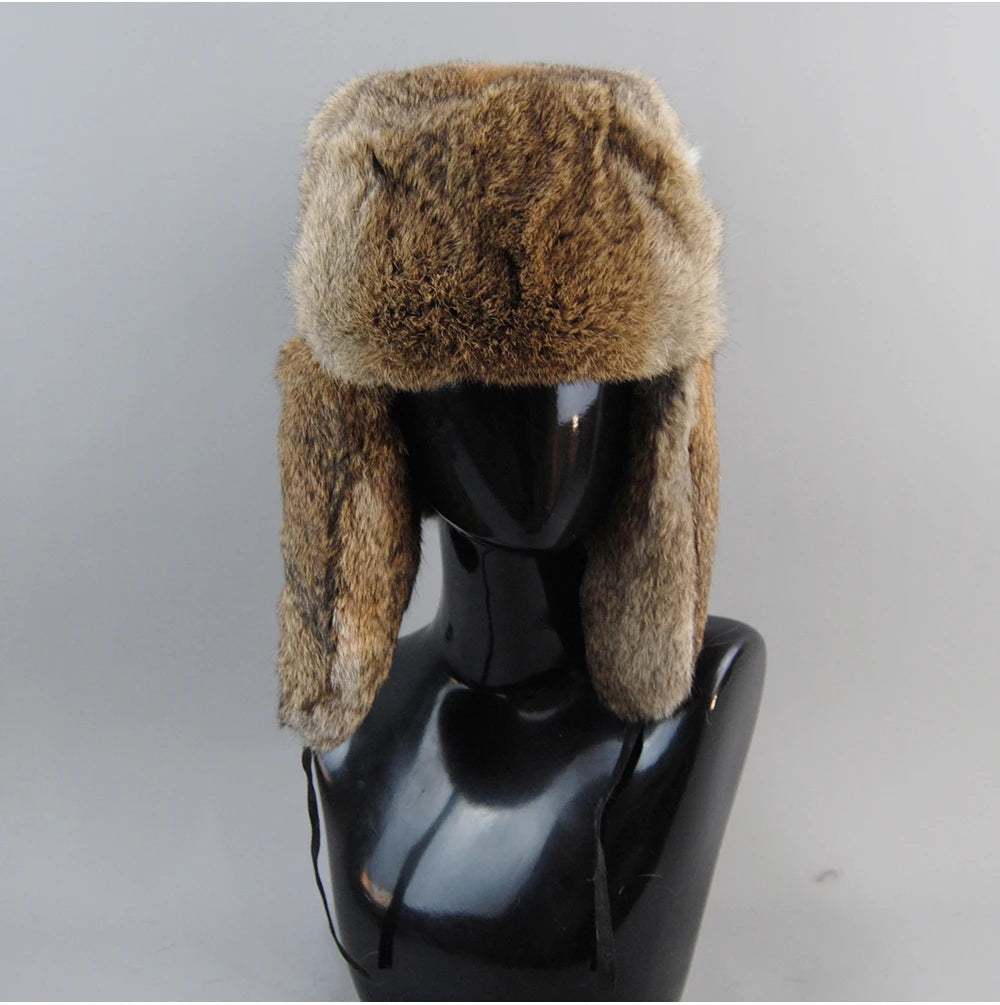 Men's Real Rabbit Fur Bomber Hat – Winter Warmth, Outdoor Essential, Adjustable Size